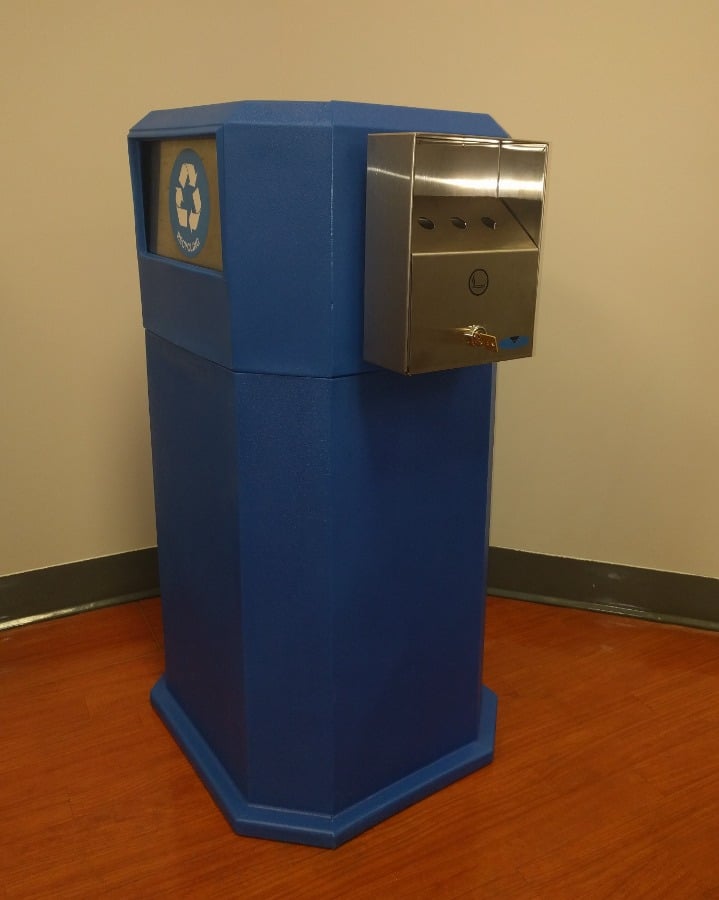 18. MU-702-AD Trash Can with Swing Doors & Side Mounted Ash Tray in Recycle Blue