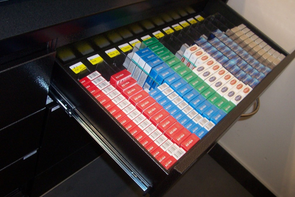 Tobacco Drawer - Organized Using Pusher and Divider System