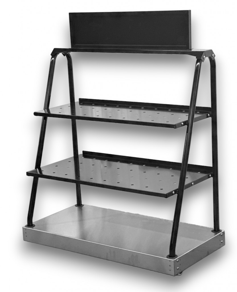 2. MM-655- Single Sided 3 Tier Exterior Merchandiser - Stainless Steel Base, 2 Removable Shelves and Top Sign (43"W x 53"H x 21"D)
