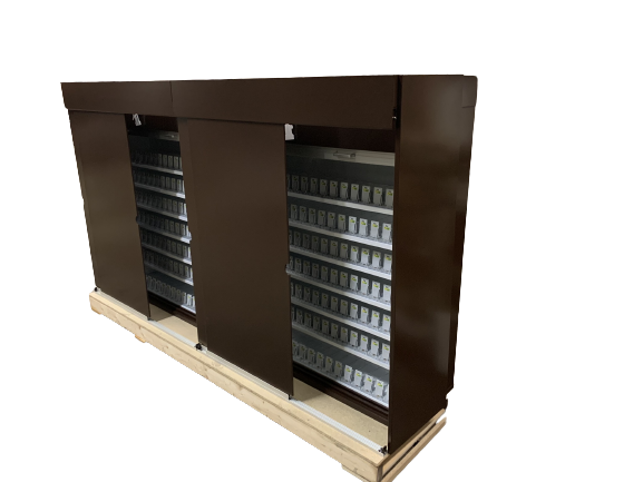  2000 Series cabinets come with optional sliding door product screen system, ideal for advertising